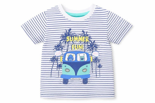 Front view of Dunnes boys’ multicoloured striped cotton basic t-shirt, size 12-18, months round neck