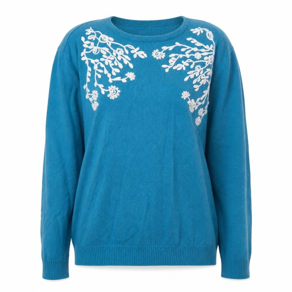 Front view of Stock Shop women’s blue round neck polyester jumper, size M