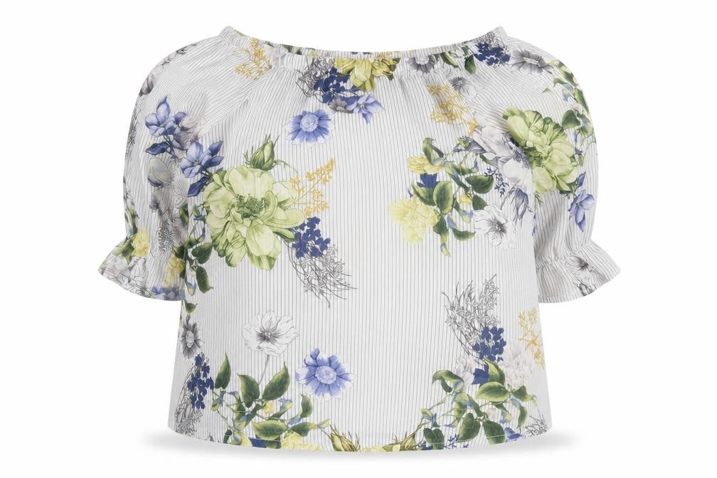 Front view of Innocence women’s white floral polyester basic blouse, size UK 12, off the shoulder