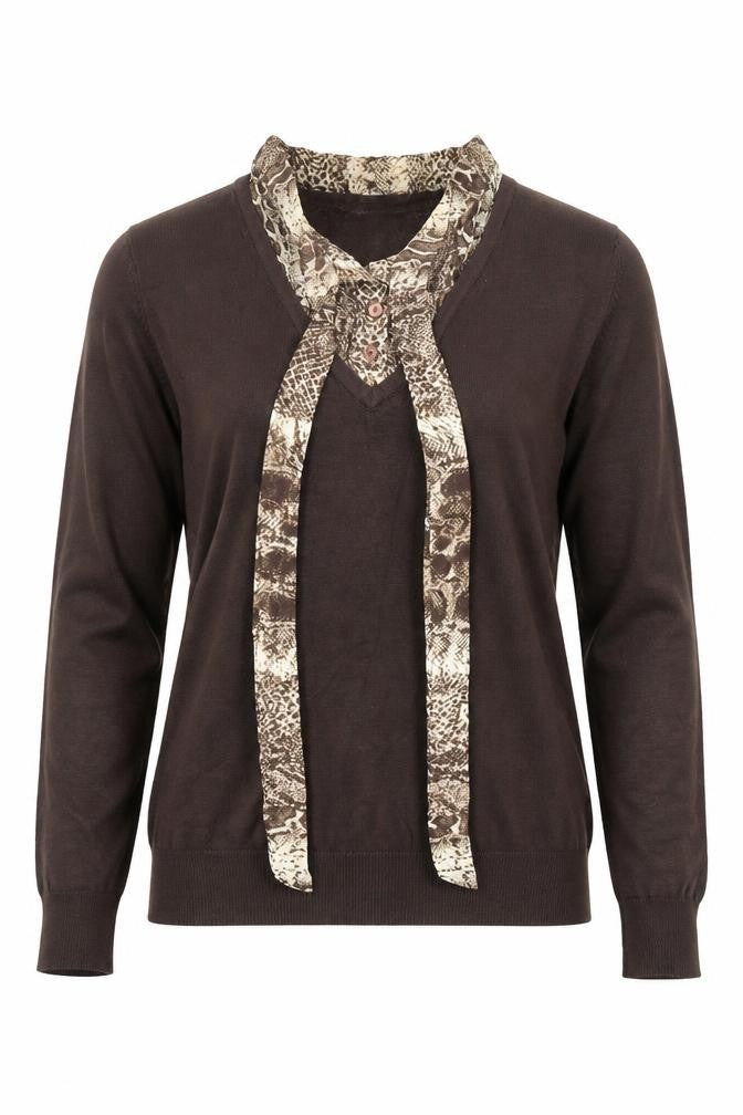 Front view of Paramour women’s brown v-neck viscose jumper, size M