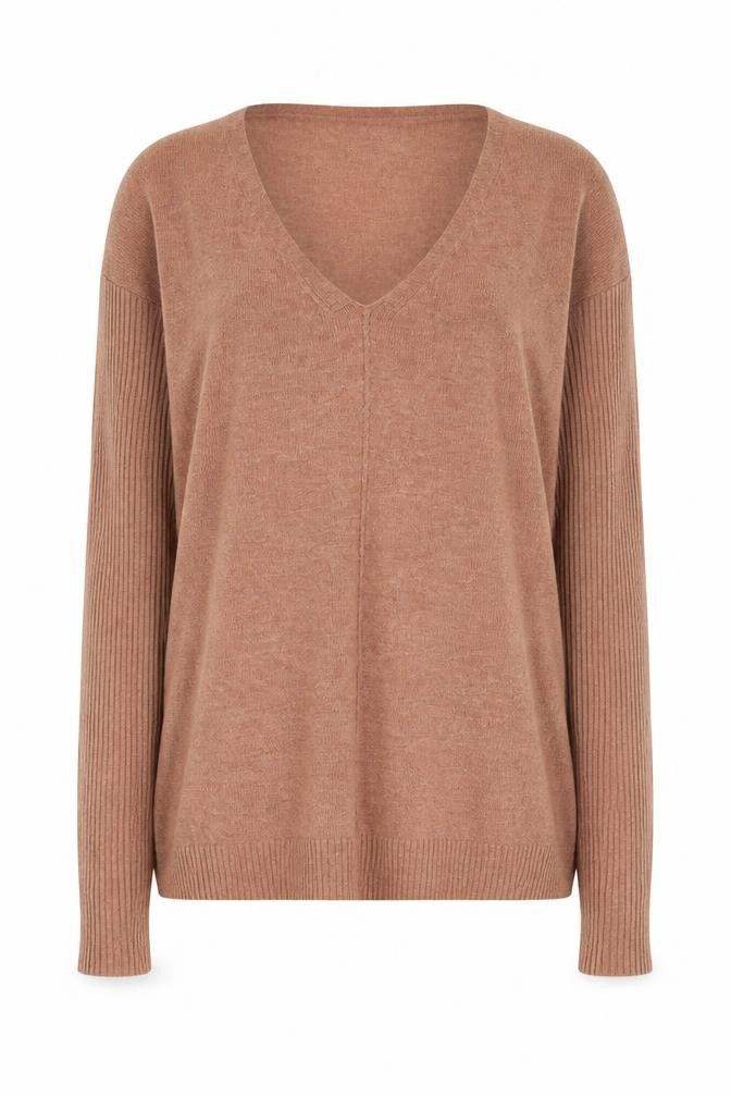 Front view of Primark women’s brown v-neck acrylic jumper, size UK 14