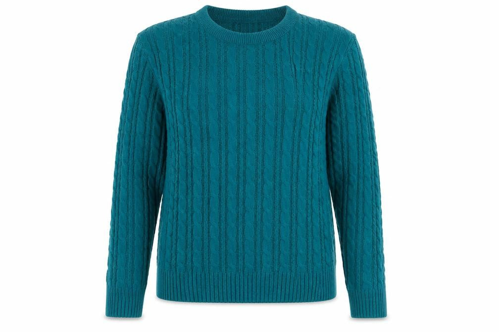 Front view of Lizzy Clark women’s blue crew neck acrylic jumper, size M