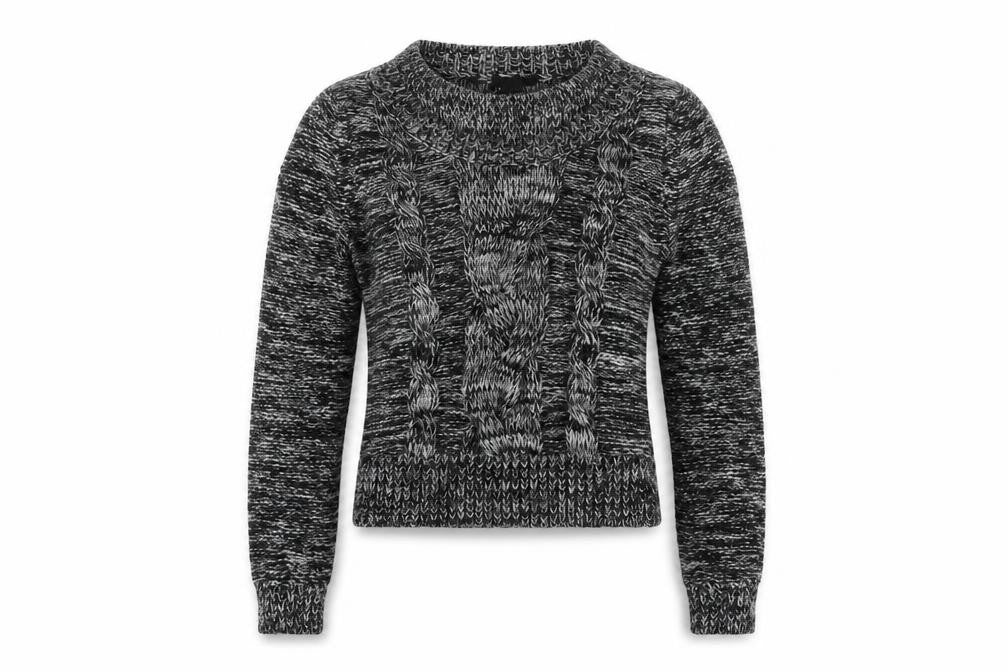 Front view of H&M women’s multicoloured round neck acrylic jumper, size XS, - cable knit