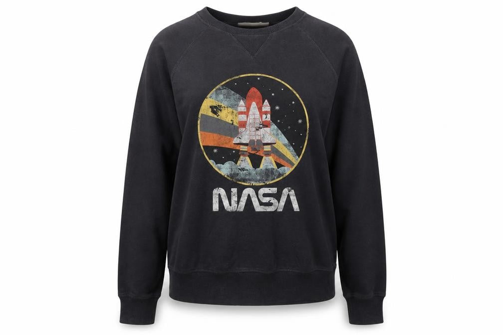 Front view of H&M women’s multicoloured roll neck cotton jumper, size S, - space and rockets