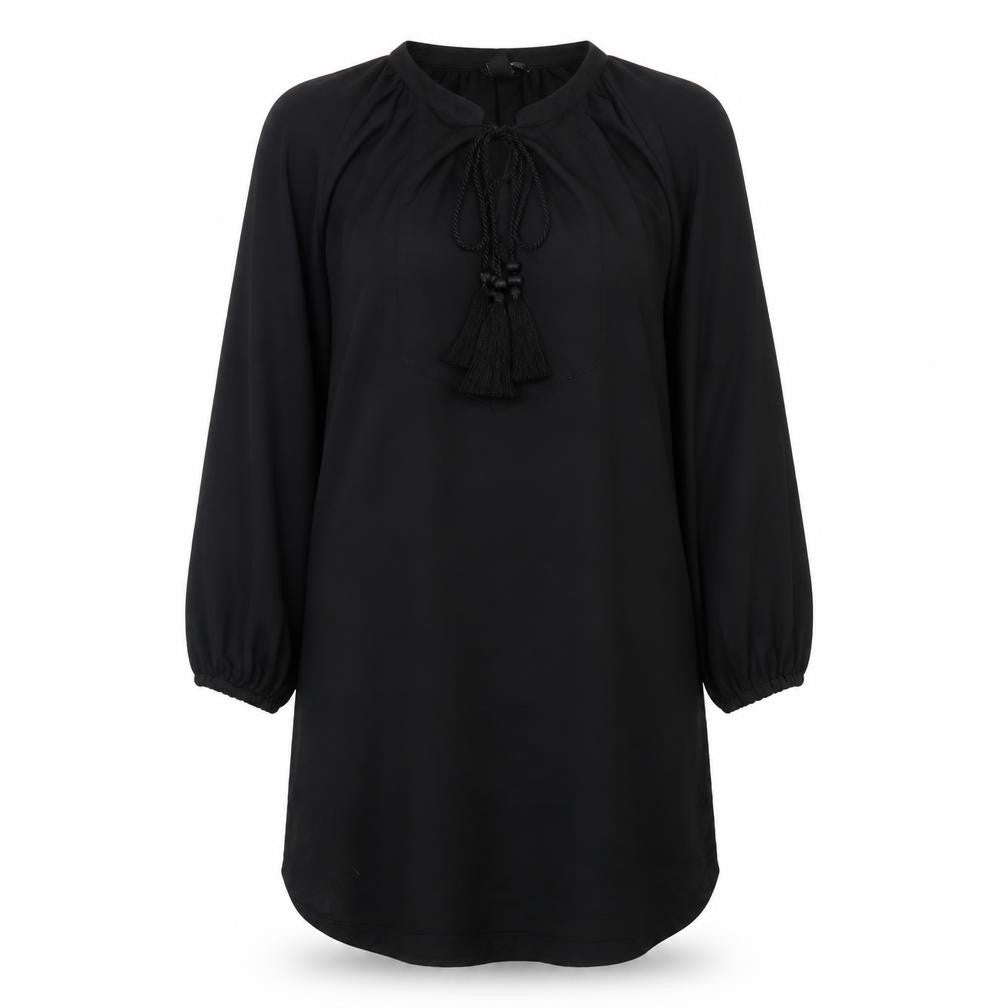 Front view of H&M women’s black polyester a-line, size UK 10, crew neck tie