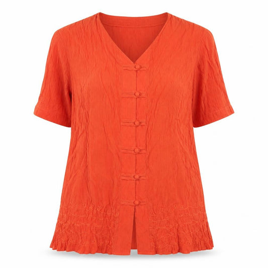 Front view of Linea women’s orange viscose basic button-up, size UK 12, v-neck