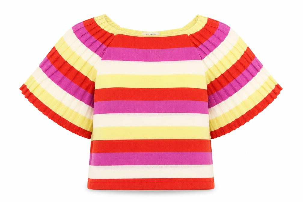 Front view of Gallery women’s multicoloured striped viscose basic t-shirt, size S, square neck