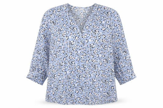 Front view of Papaya women’s blue floral viscose basic blouse, size UK 8, v-neck