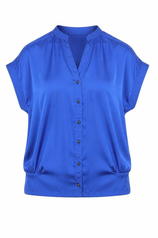 Front view of Be Beau women’s black polyester basic button-up, size UK 8, v-neck