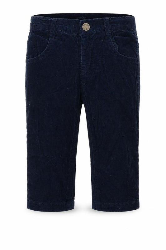 Front view of Losan boys’ blue 100% cotton cargo trousers, size 9, months button
