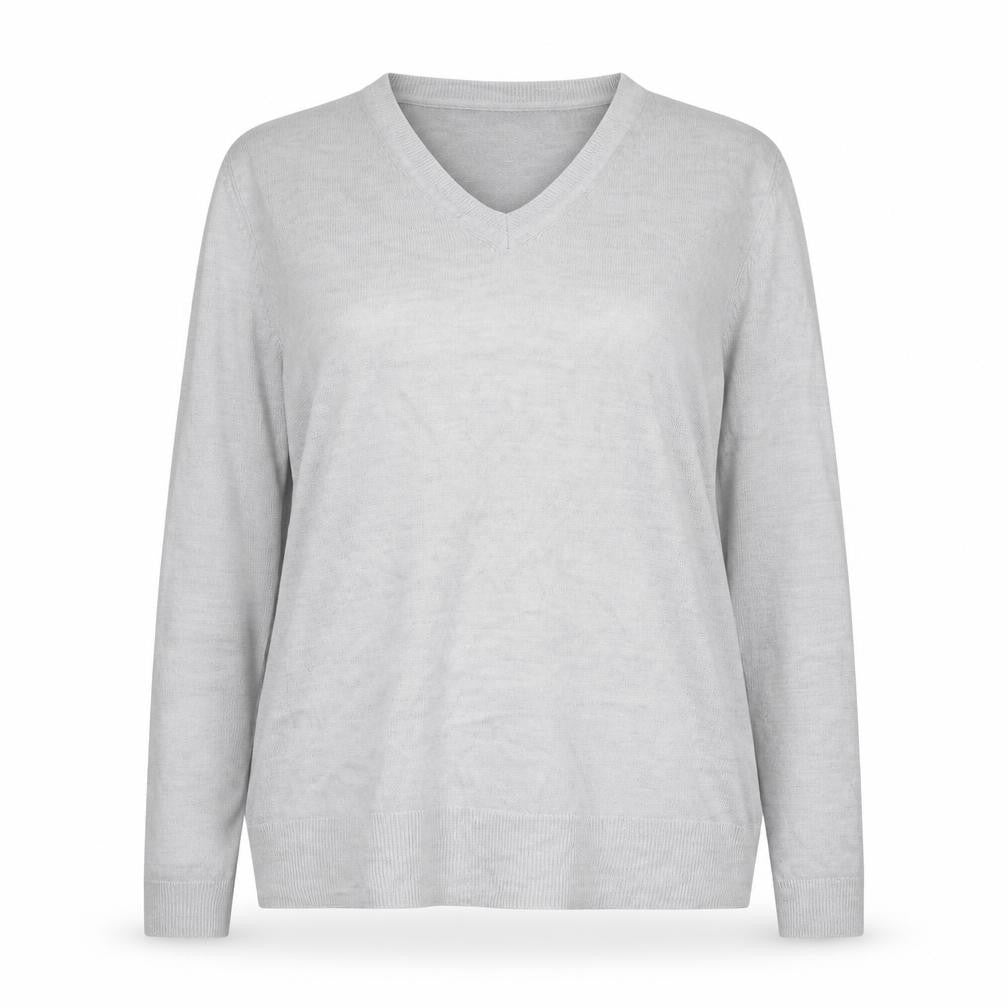Front view of Marks & Spencer women’s grey scoop neck acrylic jumper, size UK 16