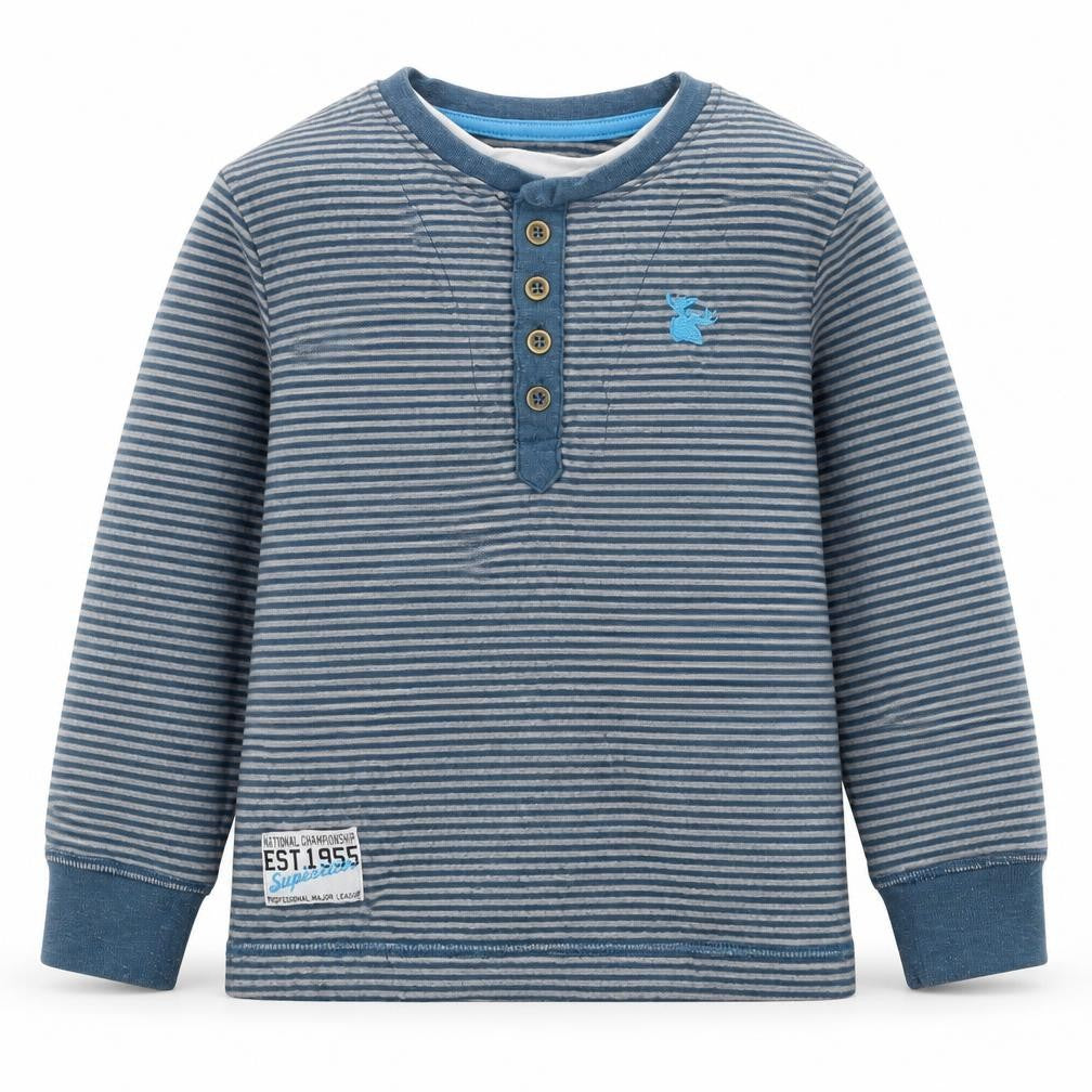 Front view of Dunnes boys’ blue striped polyester pullover sweatshirt, size 5, years pullover