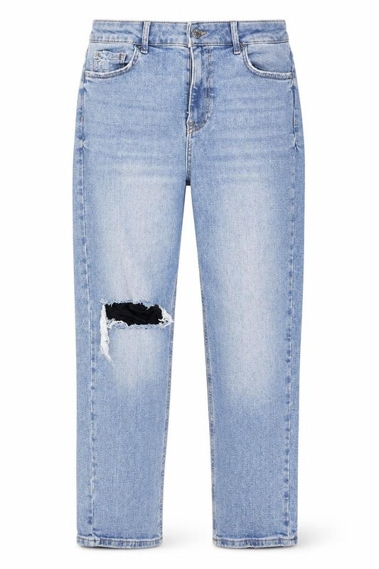 Front view of George women’s blue cotton mom jeans, size UK 34, 28-inch leg regular button