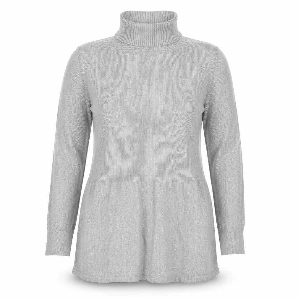Front view of Marks & Spencer women’s grey roll neck viscose jumper, size UK 12