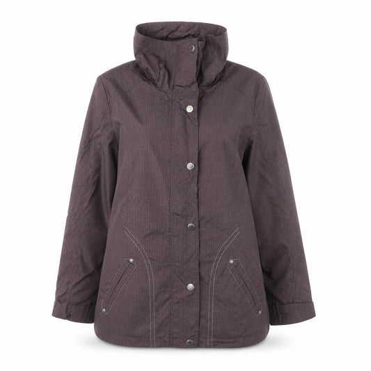 Front view of Klass women’s brown polka dot jacket coat, size UK 12, zip
