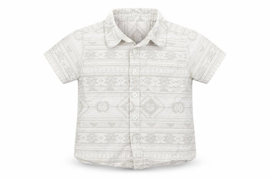 Front view of Matalan boys’ beige fair isle 100% cotton basic button-up, size 12-18, months collared button