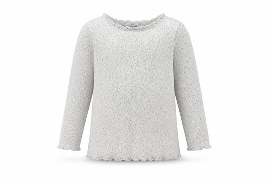 Front view of Dunnes girls’ grey polka dot cotton jumper, size 6-9, months