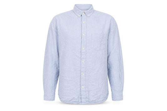 Front view of H&M men’s blue cotton button-up, size S, collared button