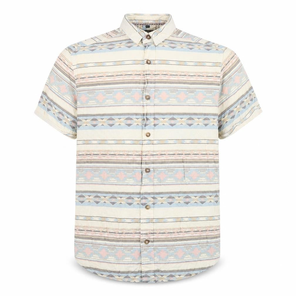 Front view of Twisted Soul men’s beige geometric cotton button-up, size S, collared button