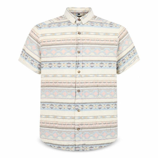 Front view of Twisted Soul men’s beige geometric cotton button-up, size S, collared button