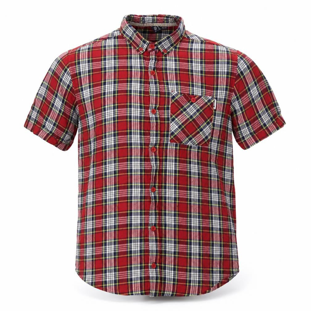 Front view of Soul Star men’s red plaid cotton button-up, size M, collared button