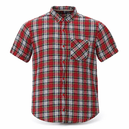 Front view of Soul Star men’s red plaid cotton button-up, size M, collared button