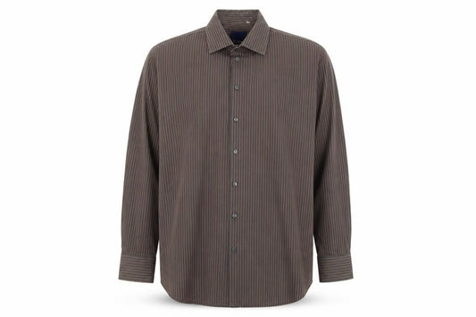 Front view of Jousipaita men’s brown striped cotton button-up, size 45, collared button