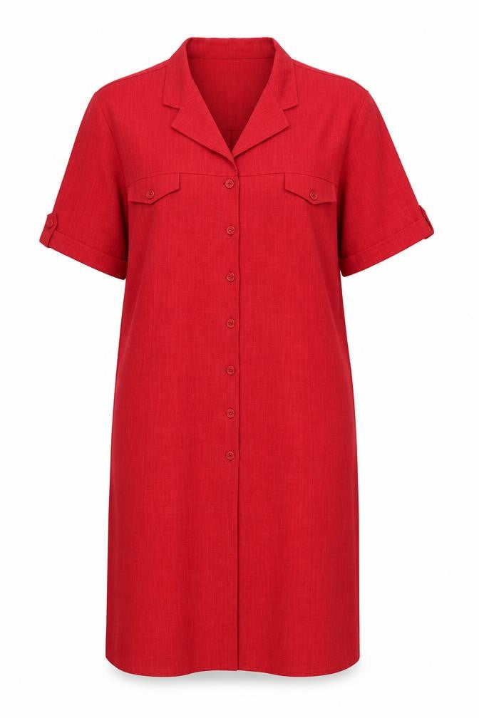 Front view of Bonmarché women’s red polyester shirt dress, size UK 2, collared button