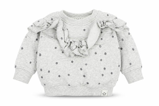 Front view of Next girls’ grey polka dot cotton jumper, size 3-6, months pullover