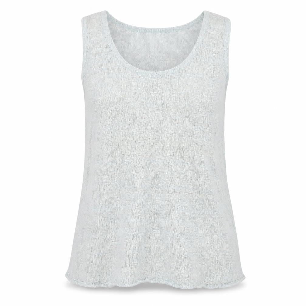Front view of Horsan women’s green linen basic tank, size UK 12, round neck