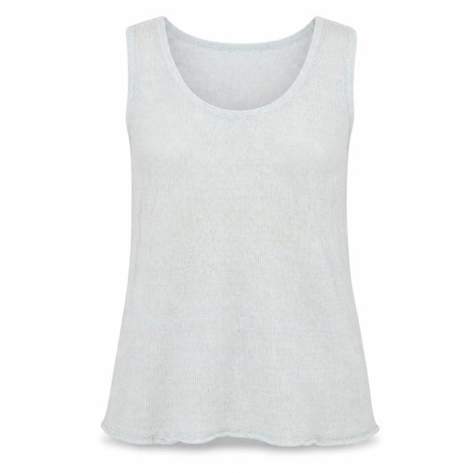 Front view of Horsan women’s green linen basic tank, size UK 12, round neck