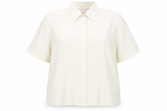 Front view of Leisure Time women’s beige polyester basic blouse, size UK 18, collared