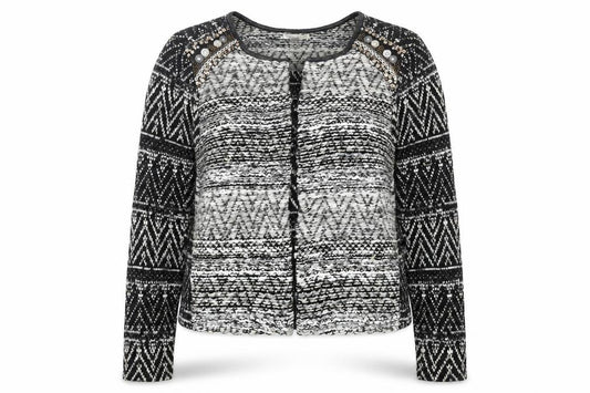 Front view of H&M women’s multicoloured round neck geometric cotton cardigan jumper, size L