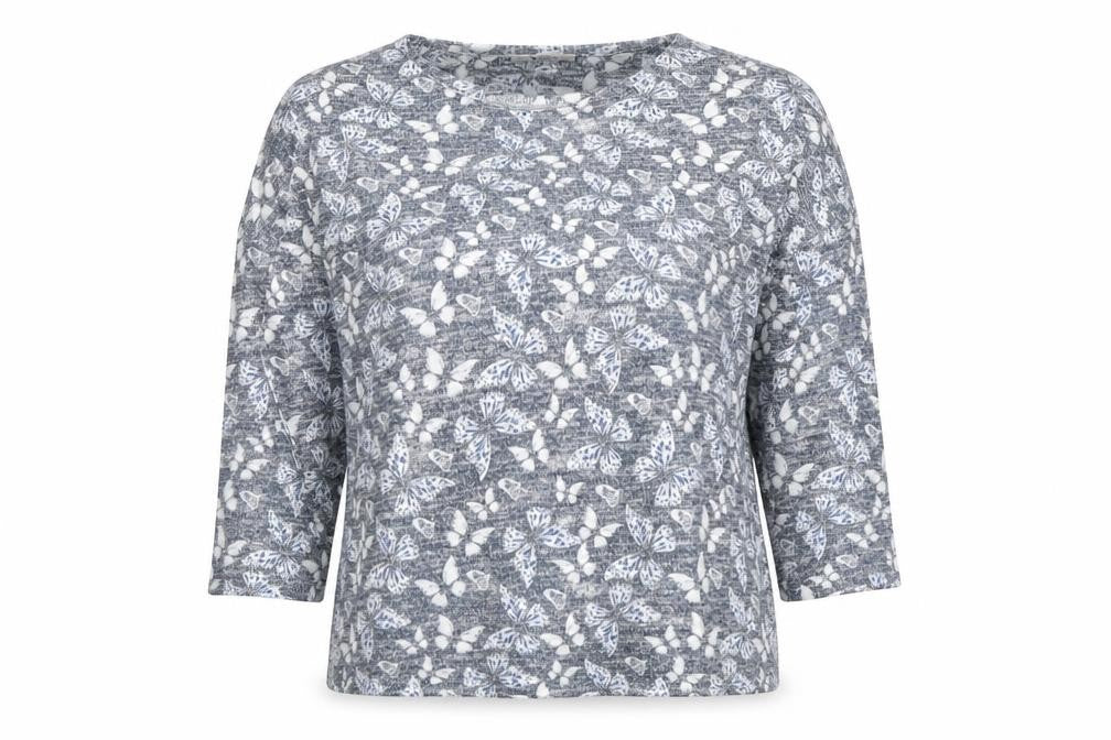 Front view of Tu women’s multicoloured round neck geometric polyester jumper, size UK 14, - buterflies