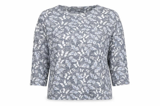 Front view of Tu women’s multicoloured round neck geometric polyester jumper, size UK 14, - buterflies