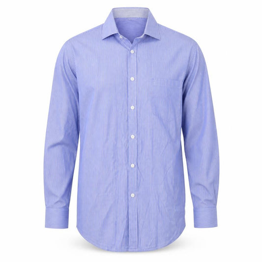 Front view of Lakeland men’s blue cotton dress shirt, size M, collared button
