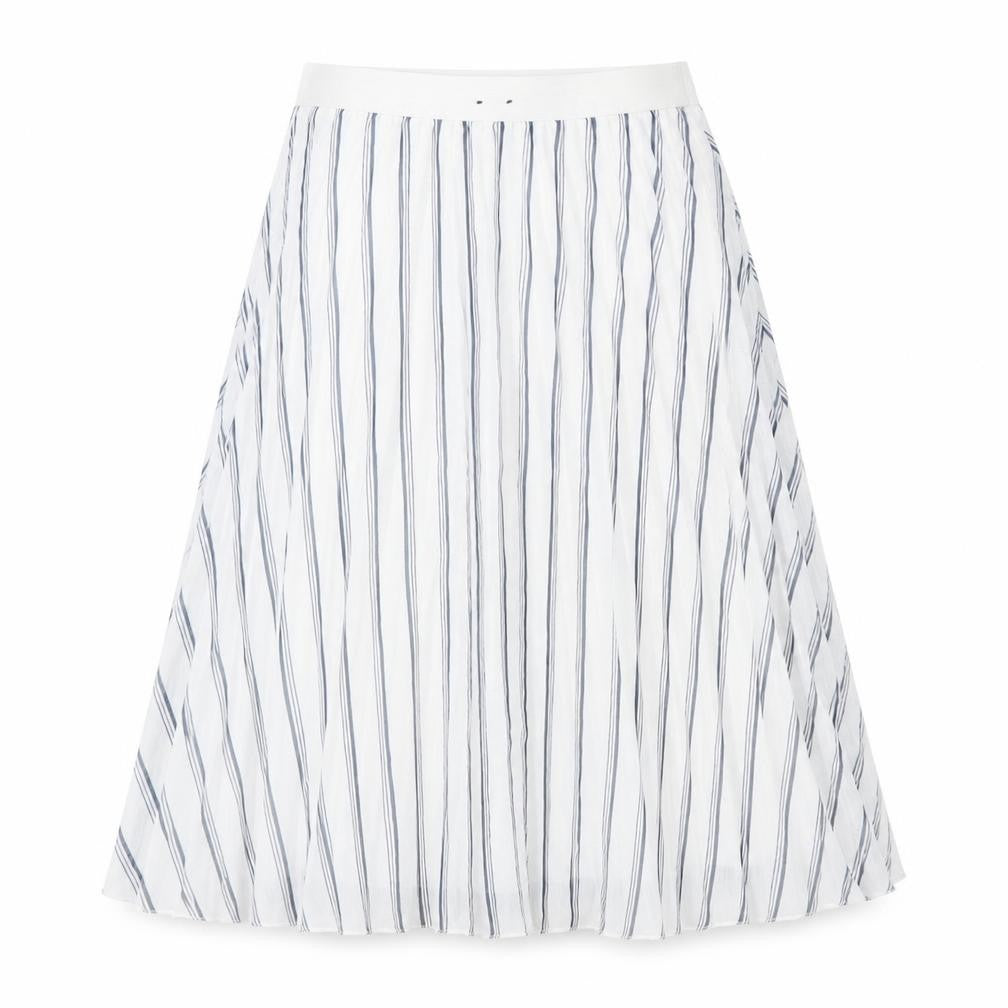 Front view of Atmosphere women’s multicoloured striped polyester pleated skirt, size UK 6