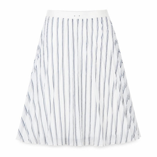 Front view of Atmosphere women’s multicoloured striped polyester pleated skirt, size UK 6
