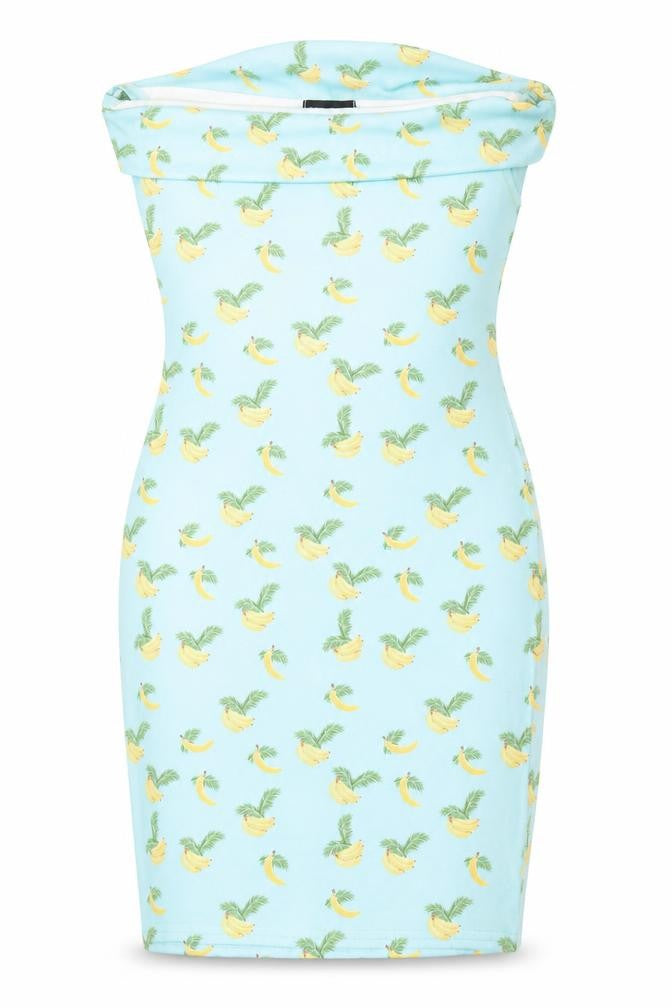 Front view of PRETTYLITTLETHING women’s blue geometric polyester pencil dress, size UK 6, round neck