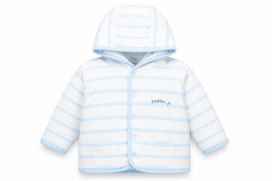 Front view of Debenhams Baby White Striped Basic Jacket Jacket, size 6-9, Months Snap