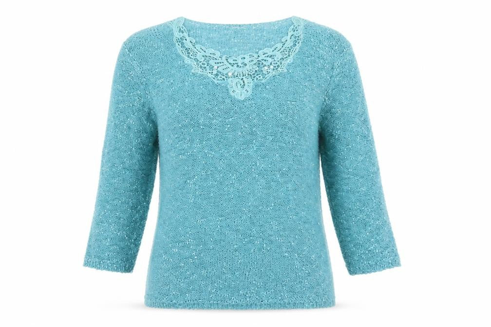 Bm Collection Womens Green Scoop Neck  Polyester Pullover Jumper Size M   - Lace Detail
