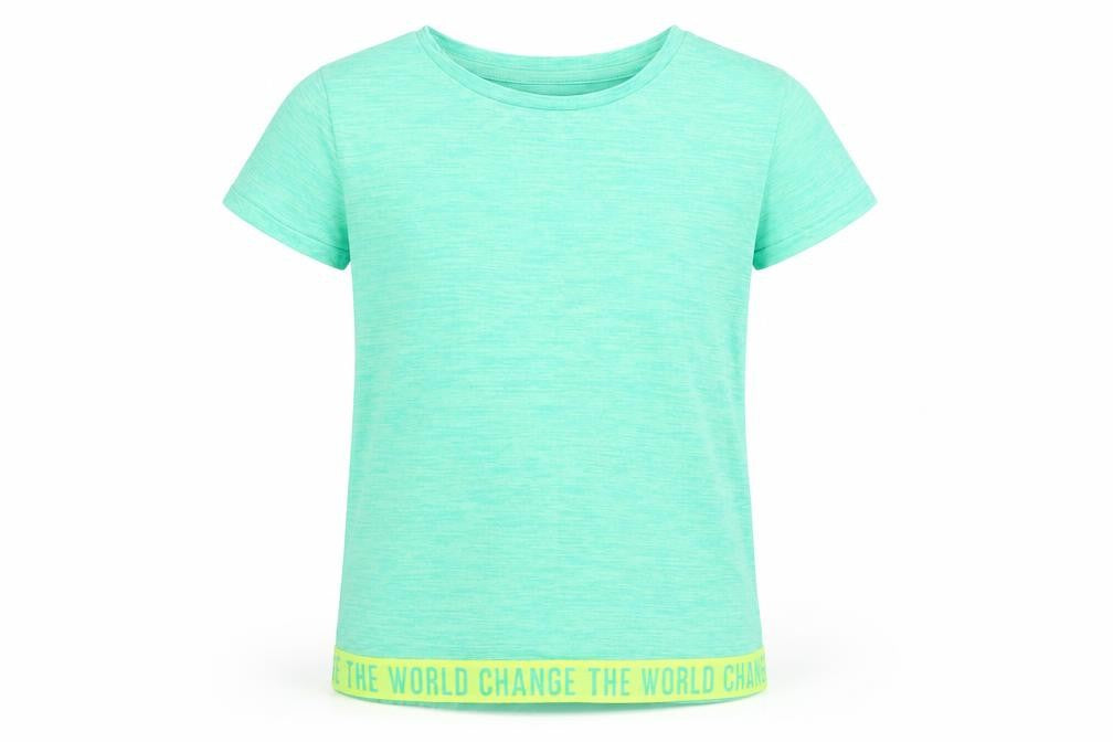 Front view of Dunnes girls’ green polyester pullover t-shirt, size 7-8, years crew neck pullover