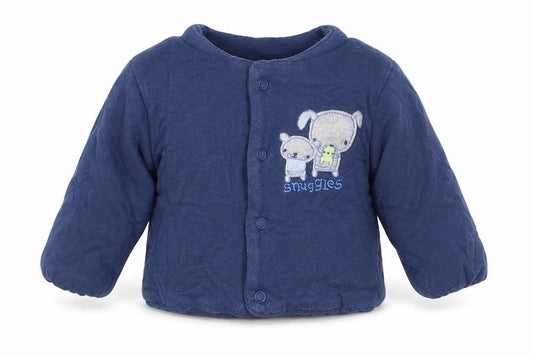 Front view of Mini Club boys’ blue jacket, size 3-6, months button - snuggles