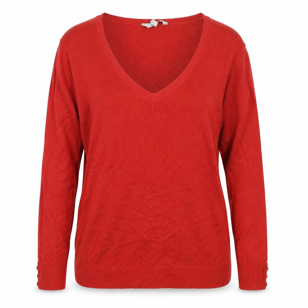 Front view of Peacocks women’s red v-neck acrylic jumper, size UK 16