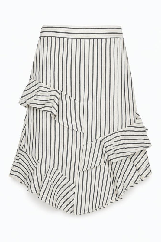 Front view of Marks & Spencer women’s beige striped flax swing skirt, size UK 10, zip