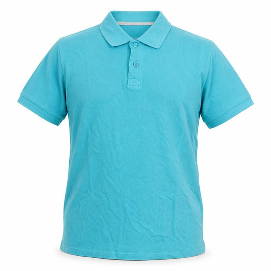 Front view of Easy men’s blue cotton polo, size M, collared button