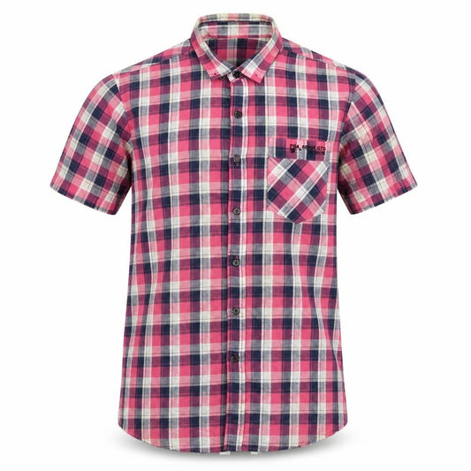 Front view of Easy men’s multicoloured plaid polyester button-up, size M, collared button