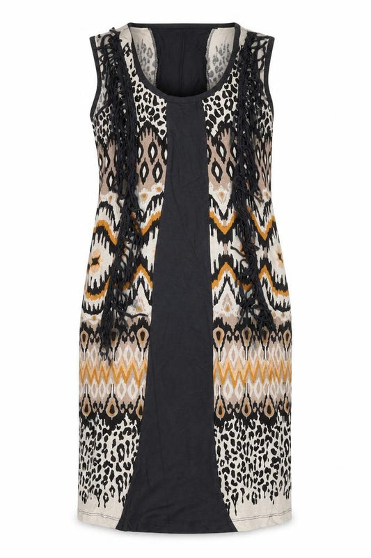 Front view of Diamonds Forever women’s multicoloured animal print viscose pencil dress, size UK 12, round neck pullover