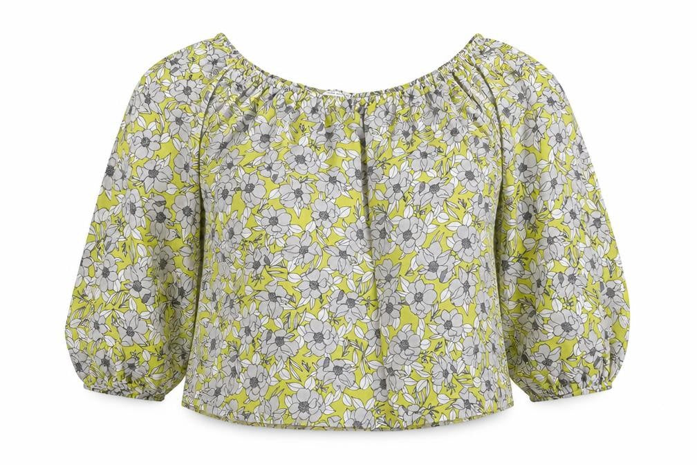 Front view of Miss Selfridge women’s multicoloured floral polyester basic blouse, size UK 8, off the shoulder