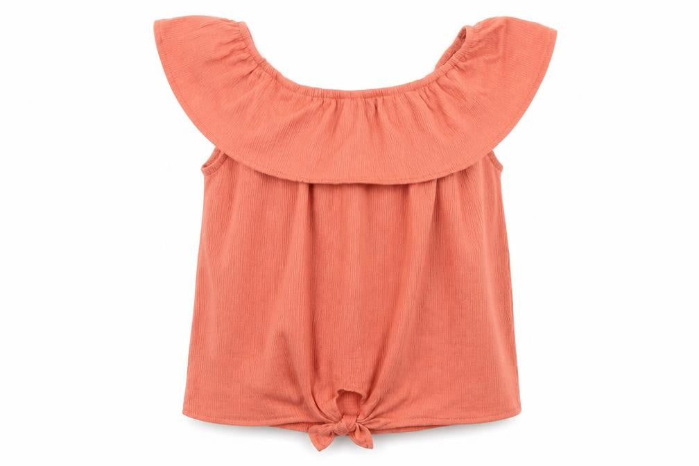 Front view of Primark girls’ orange polyester basic blouse, size 9-10, years round neck pullover - knot detail